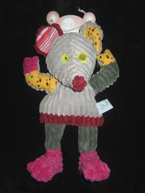 Doudou Marionnette Patchwork Souris grise bordeaux jaune Babynat' Baby Nat'