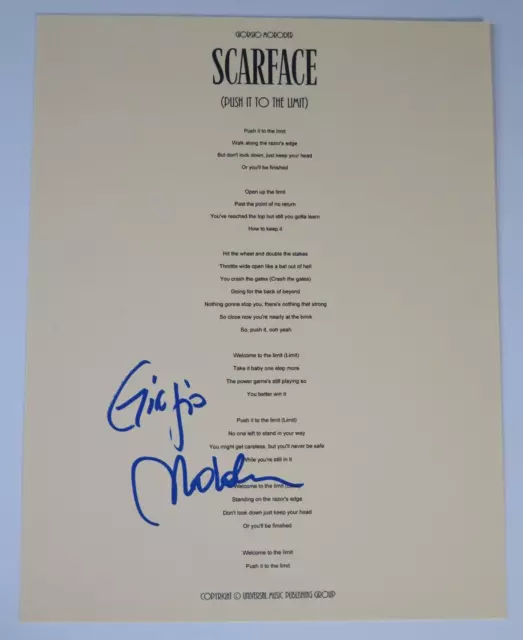 GIORGIO MORODER Signed Autograph "Scarface Push It To The Limit" Lyric Sheet JSA