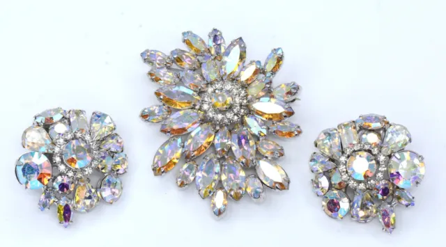 Vintage Weiss AB Rhinestone Brooch and Earrings Silver Tone Married Set Signed