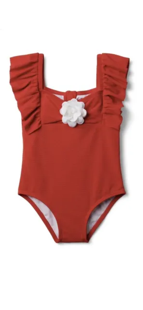 Janie and Jack girls rosette ruffle swimsuit red size 7 w/sunglasses NWT