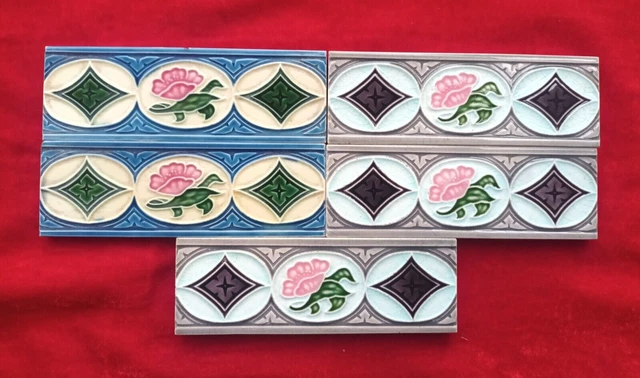 5 Pieces Lot Art Deco Floral Design Embossed Majolica Ceramic Tiles Japan 0324