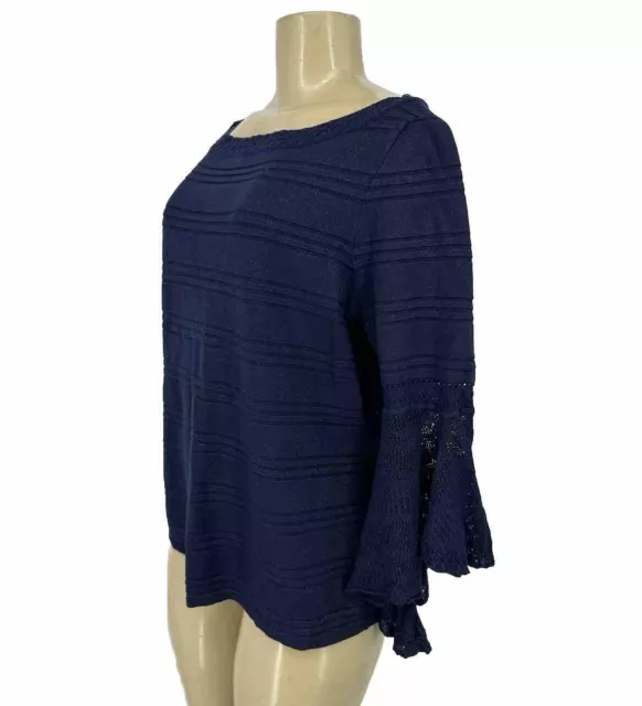 White House Black Market XL Knit Blue Metallic Blouse Crochet Bell Sleeve Z08 2