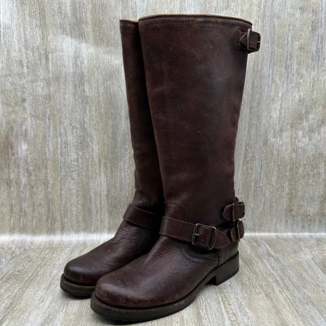 Frye Veronica Slouch Tall Engineer Moto Boots Women’s Size 6 B Brown Leather
