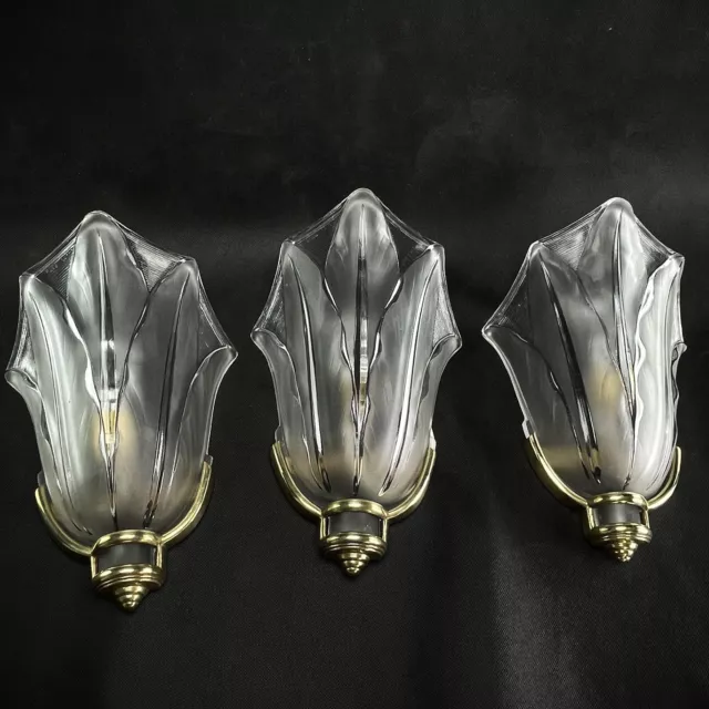 1 From 3 Art Deco Wall Lamp Signed EZAN France Bronze Glass 1940er