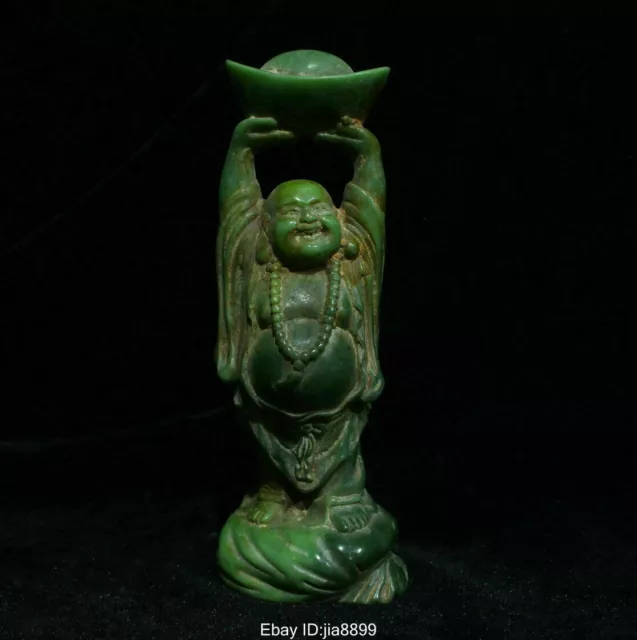 Old Chinese Natural Green Jade Carving Wealth Happy Laugh Maitreya Buddha Statue