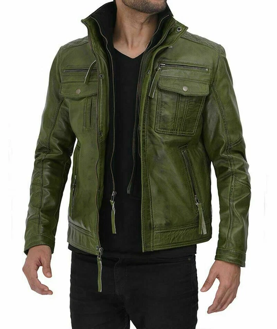 Men genuine lambskin leather Military Green Casual Workwear Biker Coat Jacket