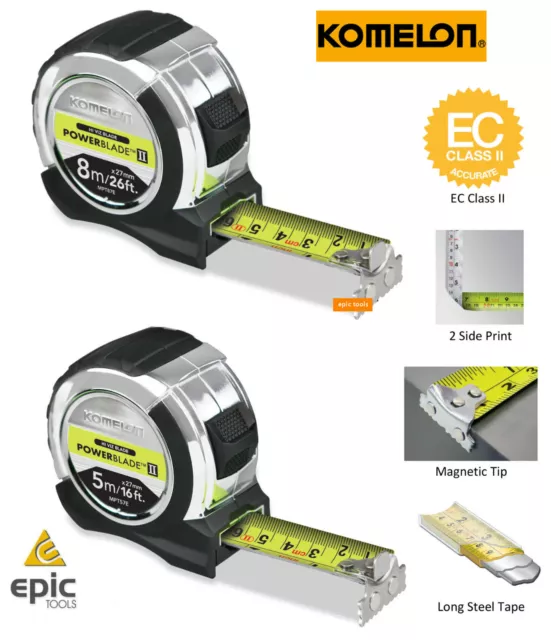 KOMELON PowerBlade Tape Measure Soft Grip 5m/16ft Or 8m/26ft HI VIZ Magnetic End
