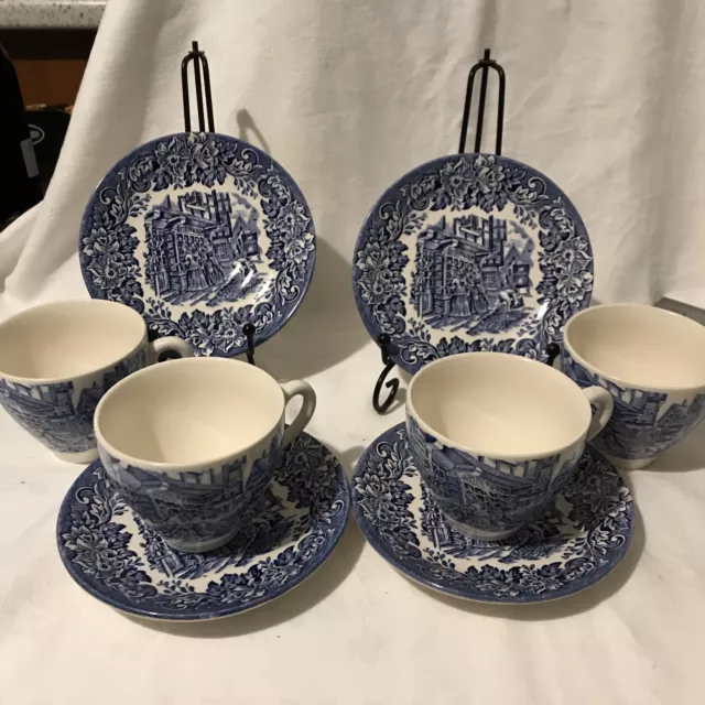 Blue & White Cups & Saucers. English Ironstone Pottery. Set Of 4