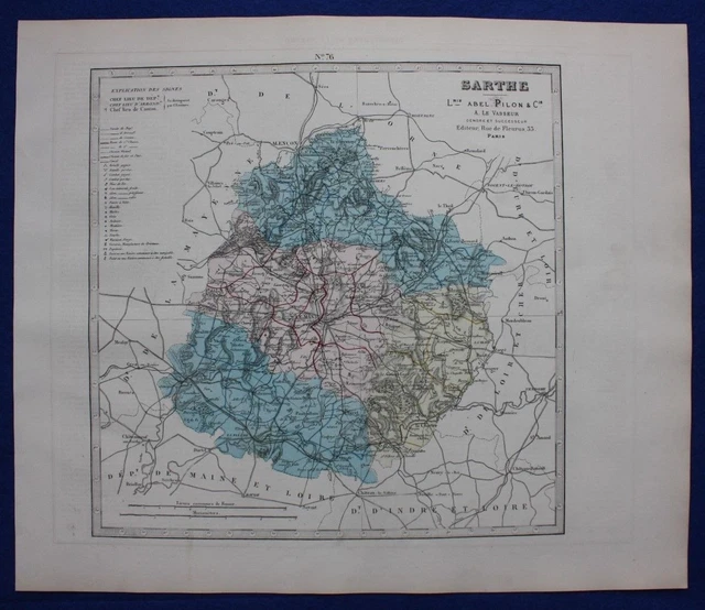 MAPPA ANTICA ORIGINALE SARTHE DEPARTMENT, FRANCIA, LE MANS, Le Vasseur