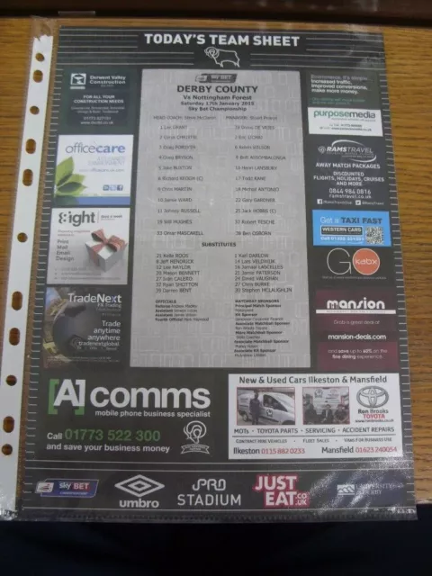 17/01/2015 Colour Teamsheet: Derby County v Nottingham Forest  (folded). FREE PO