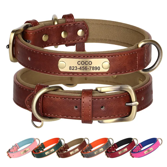 Soft Leather Padded Personalized Dog Collar Custom Pet Name ID Free Engraved S-L