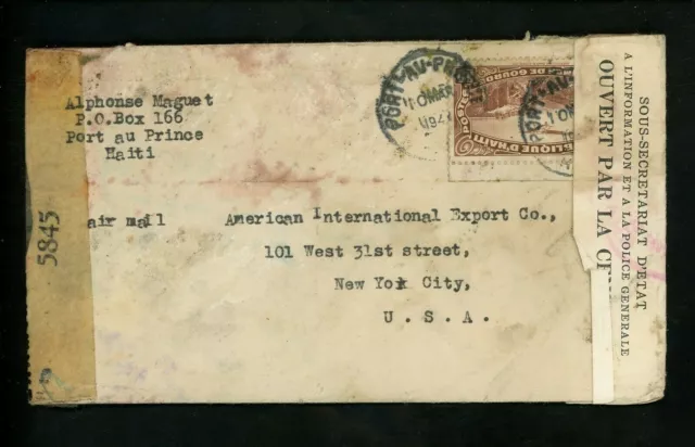 Postal History Haiti #C5 WWII Dual Censored Airmail Port Au Prince New York NY