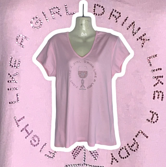 Breast Cancer Fight Like A Girl (XL) Rhinestone Pink Wine Shirt Women's V Neck