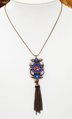Michal Negrin Necklace Blue Lilac Crystals Roses Cameo Tassel Pendant Victorian
