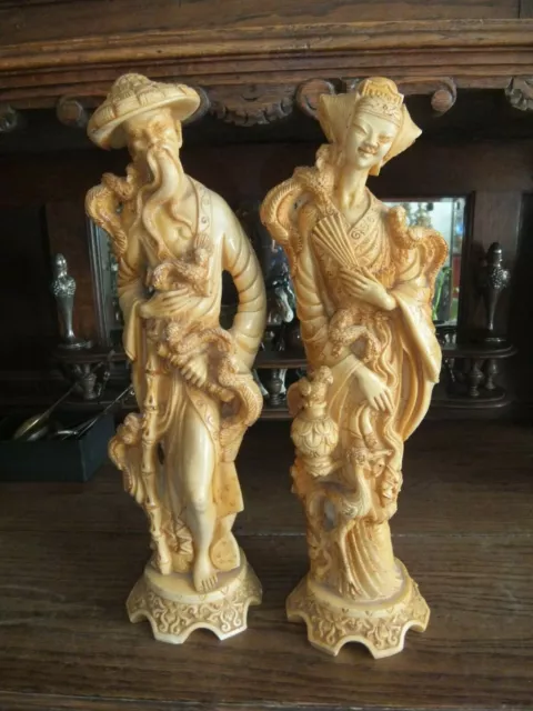 Vintage Pair Of Heavy Oriental Japanese Resin Sculpture Figurines Man & Woman.