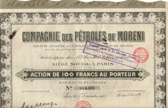 Action Compagnie des Pétroles de MORENI, 1925, avec ses coupons