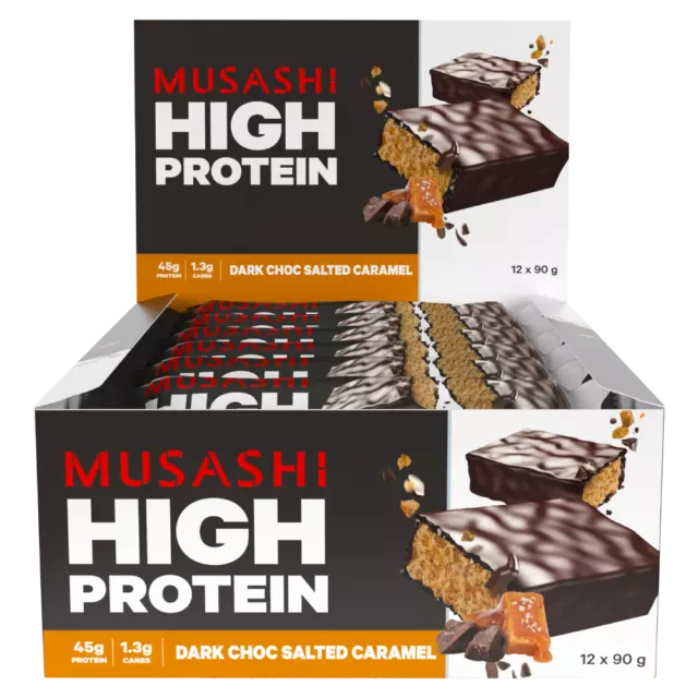 MUSASHI High Protein 12 x 90g Bars - Dark Choc Salted Caramel P45g C1.3g F8.1g