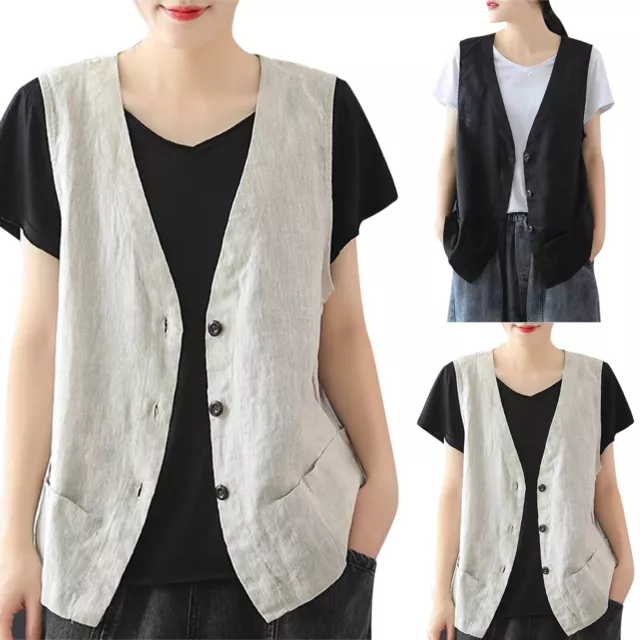 Womens Jacket Linen Vest Casual Sleeveless Cardigans Loose Thin Casual Waistcoat