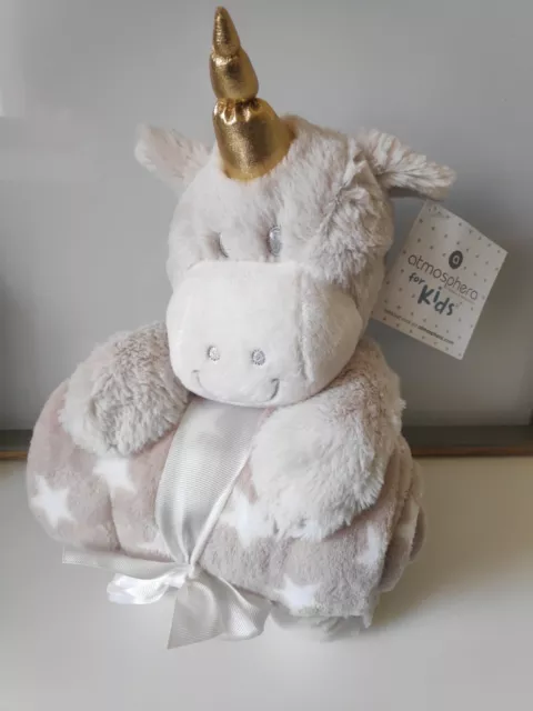 Peluche doudou Licorne blanc gris couverture plaid beige étoiles Atmosphera neuf