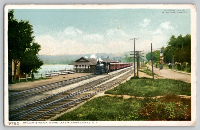 c 1910 Lake Winnipesaukee Wiers NH Detroit Pubs Postcard Railway Station Train