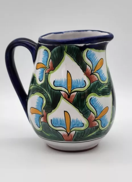 Ceramic Pottery Pitcher Jug Castillo Blue Calla Lily Flower Motif Mexico Signed