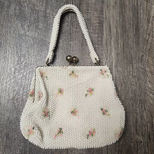 Lumured Corde Petite Beaded Vtg 50s Kiss Lock Bag Purse Ivory Floral Embroidered