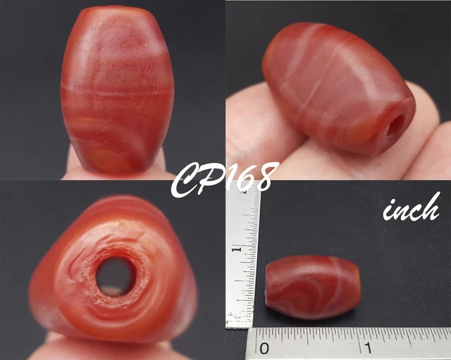 Rare Stripe White Islamic Paste Red Glass Mosaic Bicone Bead Handmade #CP168a