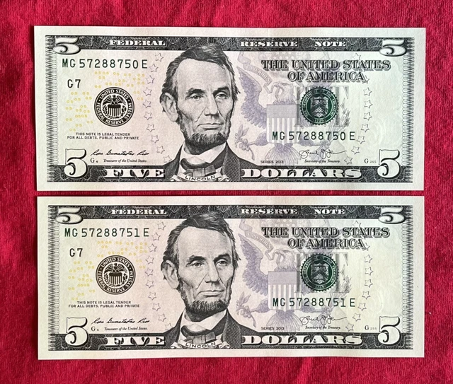 FIVE DOLLAR BILLS - Uncirculated - Crisp Set of 2 - Series 2013