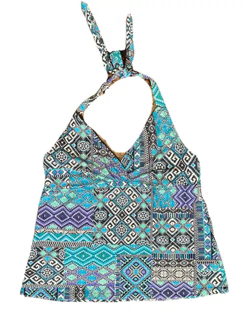 Mossimo Swim Tankini Halter Top Size Large L Blue Purple Tie Back Bathing Suit