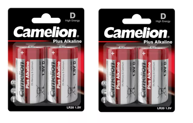 4 x Camelion Mono D R20 Plus Alkaline LR20 1,5V Mono D im 2er Blister 2x2er Pack