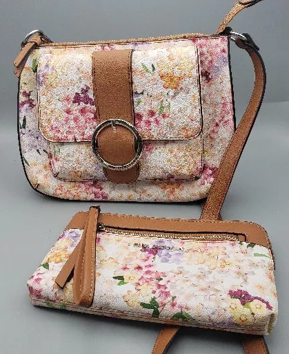 Dana Buchman Floral Design Purse Crossbody Shoulder Bag & Bonus Wristlet/Wallet