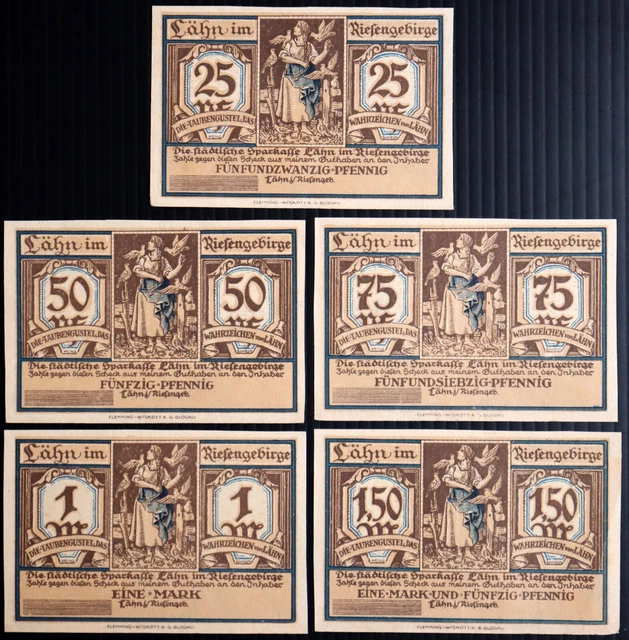 LÄHN 1922 SPECIMEN COMPLETE SET 25-50-75-1-1.50 w/o SERIAL! XX-RARE Notgeld