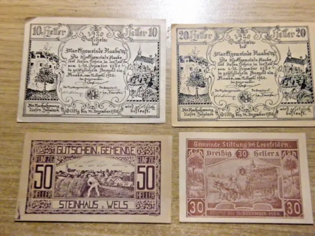 1920 Austria 10 - 50 Heller Notgeld 4 x Banknotes, UNC very crisp