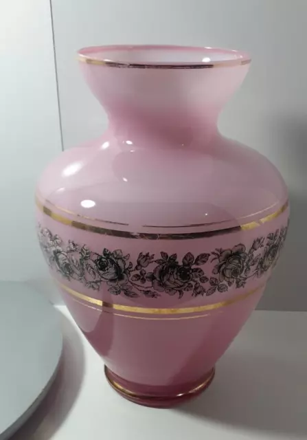 Vintage 1970s Vecchia Murano Large Glass Pink Vase with Gold Trim Floral Accent