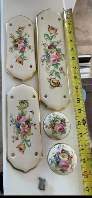 Vintage Hand Painted Door Push Plate lot Knob Flange Victorian Flowers Porcelain