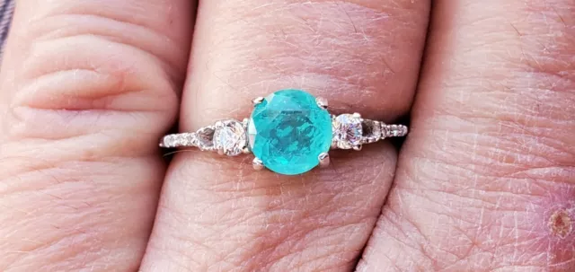 Paraiba Tourmaline, Wh Sapp Round Cut Created & Diam Ring 10kt Solid White Gold 2