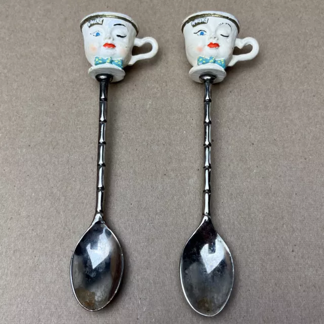 Vintage YUM Bailey's Coffee Demitasse 'Winking' Spoons Cup Face Bow Tie Lot Of 2