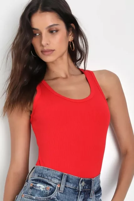 Bright Red Ribbed Strappy Backless Bodysuit L Lulus