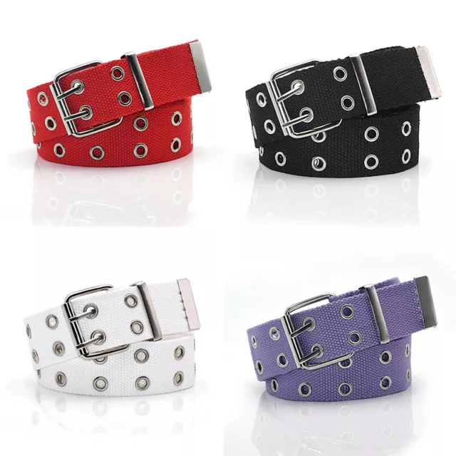 Double Grommet Holes Belt 2-Row Studded Men Strap Belts Canvas Waistband Women