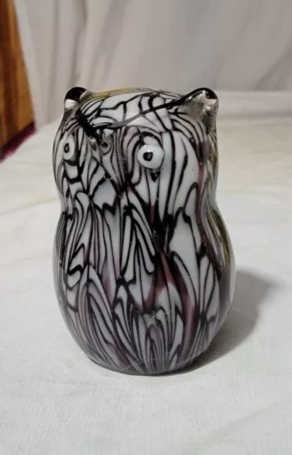 Vintage art Glass 2" Tall Owl black white stripe Paperweight
