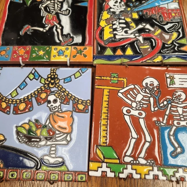 Set of 4 Day of the Dead Handcrafted Terra Cotta Tiles 
