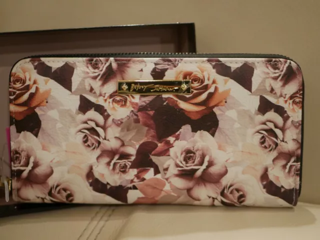 Newwt Box Women's Betsey Johnson Zip Around Mauve Flowers Wallet Leather