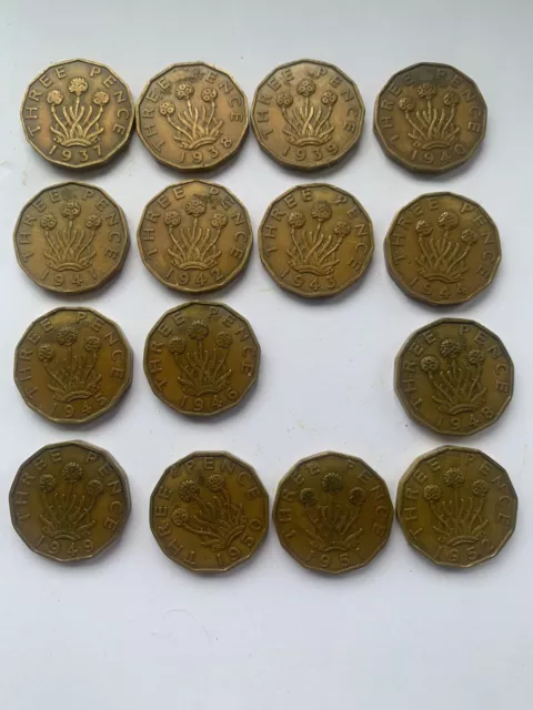 FULL SET  UK George VI Three Pence 3d coin 1937 - 1952 15 Coins