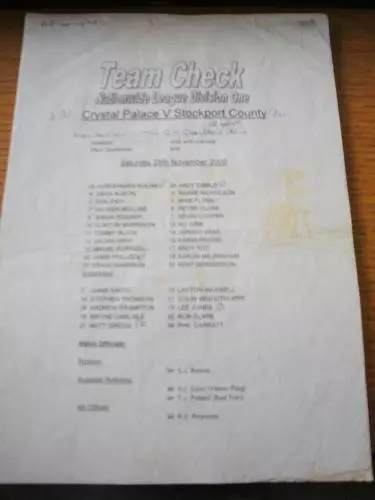 25/11/2000 Teamsheet: Crystal Palace v Stockport County (Folded, Writing On Fron