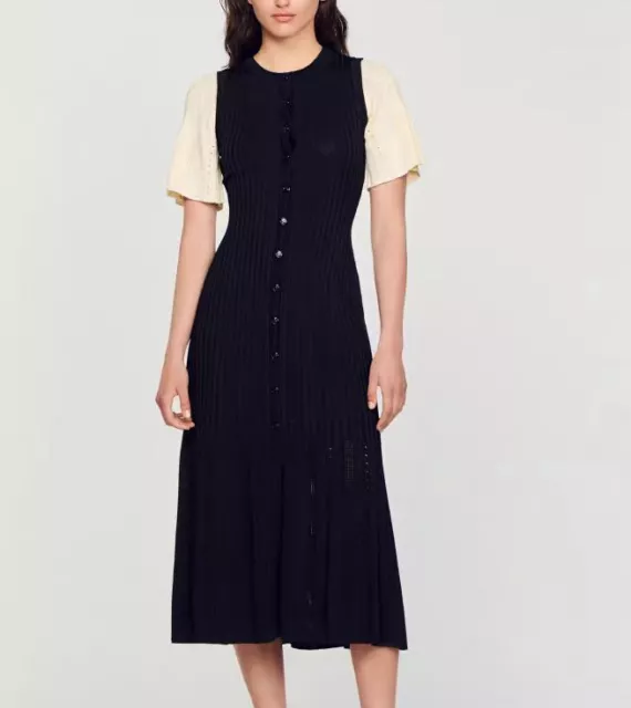 Sandro Knit Dress Short Sleeve Single Breasted Midi A-line Dress for Women