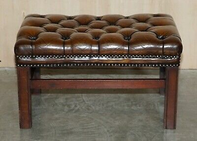Vintage Fully Restored Chesterfield Hand Dyed Brown Leather Tufted Footstool 2
