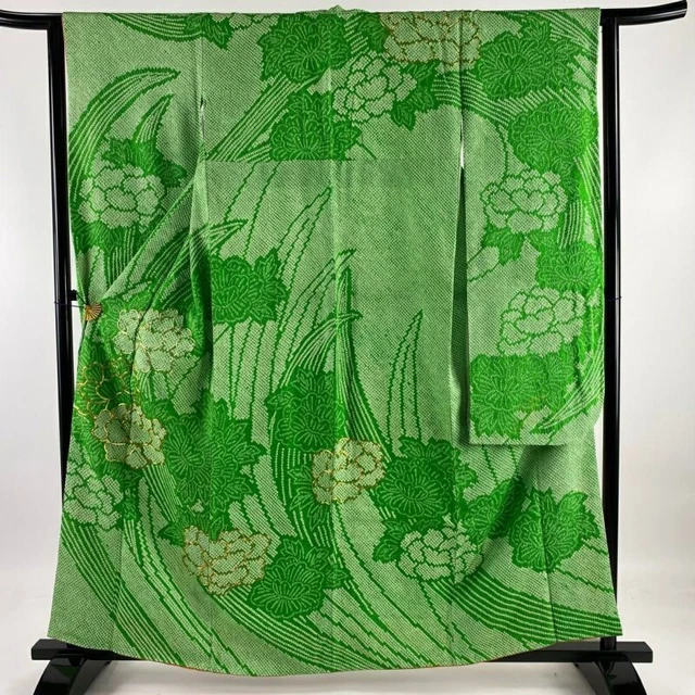 Japanese Kimono Furisode Pure Silk Moutan Gold Thread Green Lined Kimono