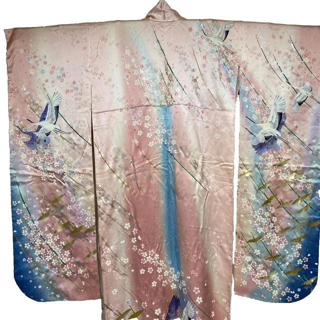 Giapponese Kimono Seta Furisode Vintage Tradizionale Crane Fiore Motivo Rosa
