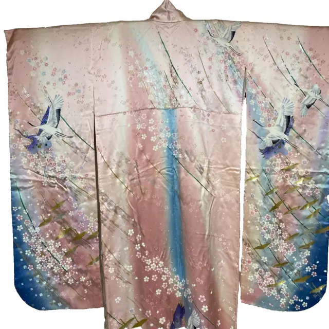 Japanese Kimono Silk Furisode Vintage Traditional Crane Flower pattern Pink