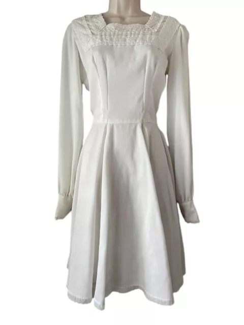 Vintage 1970's Kate Schorer White Long Sleeve Prairie Dress, Lace, Square Dance